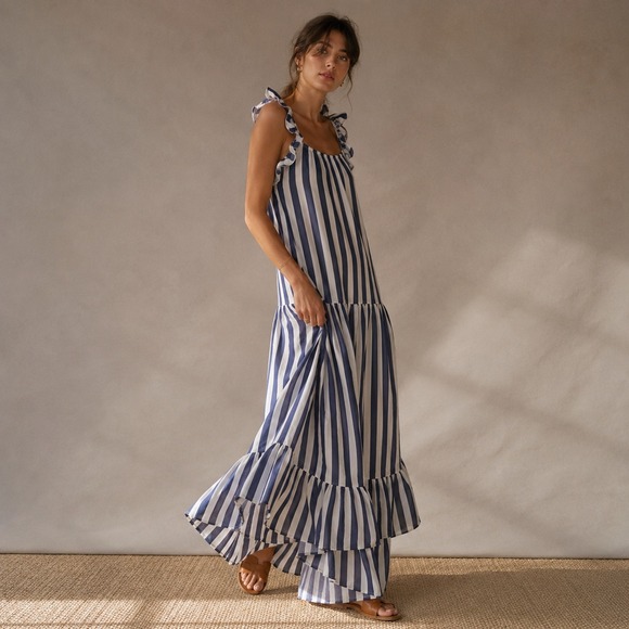 Anthropologie Dresses & Skirts - Anthropologie Striped Open Back Tiered Ruffle Maxi Dress Sz M NWT